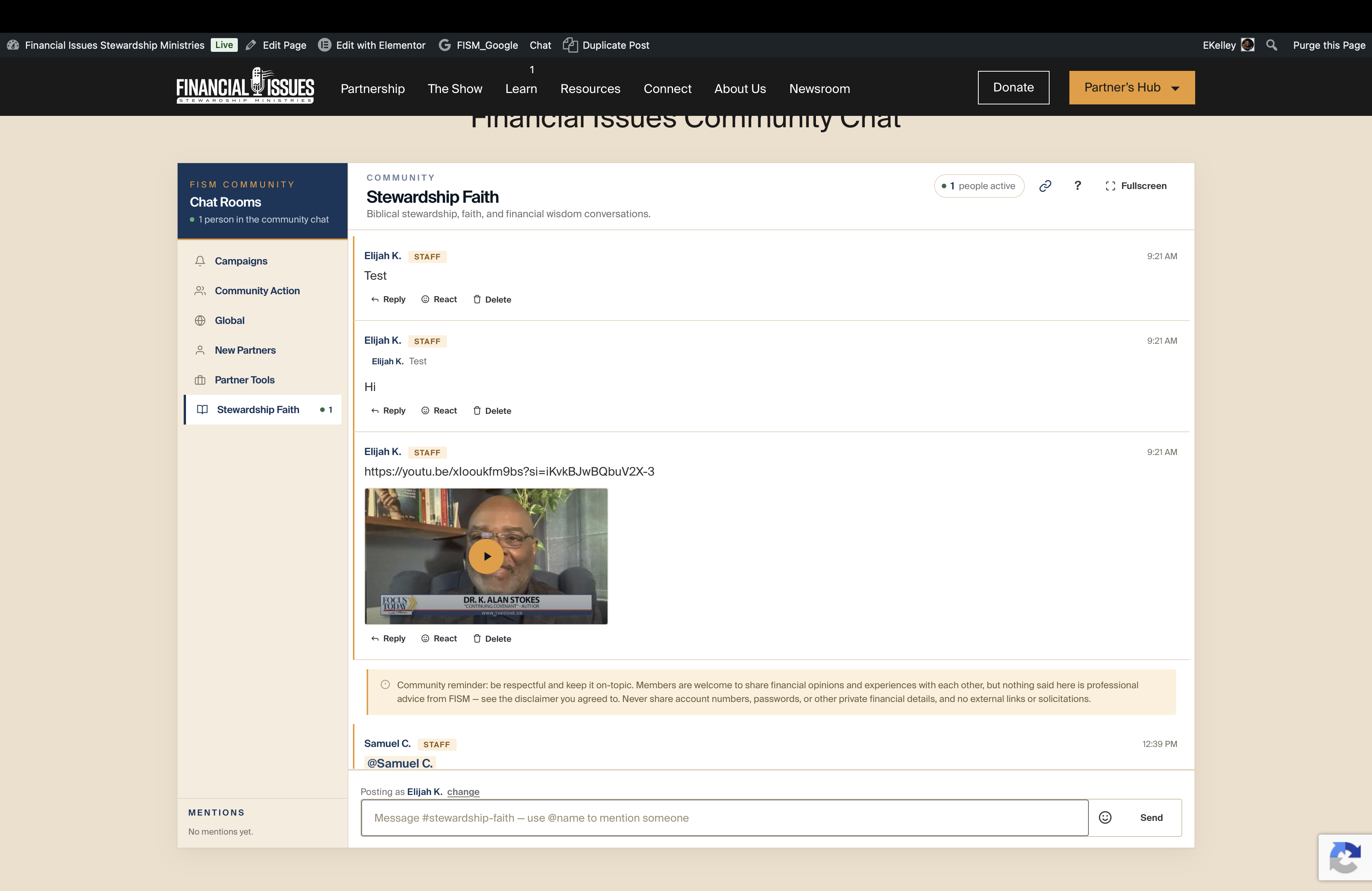 Updated logged-in Financial Issues community chat room