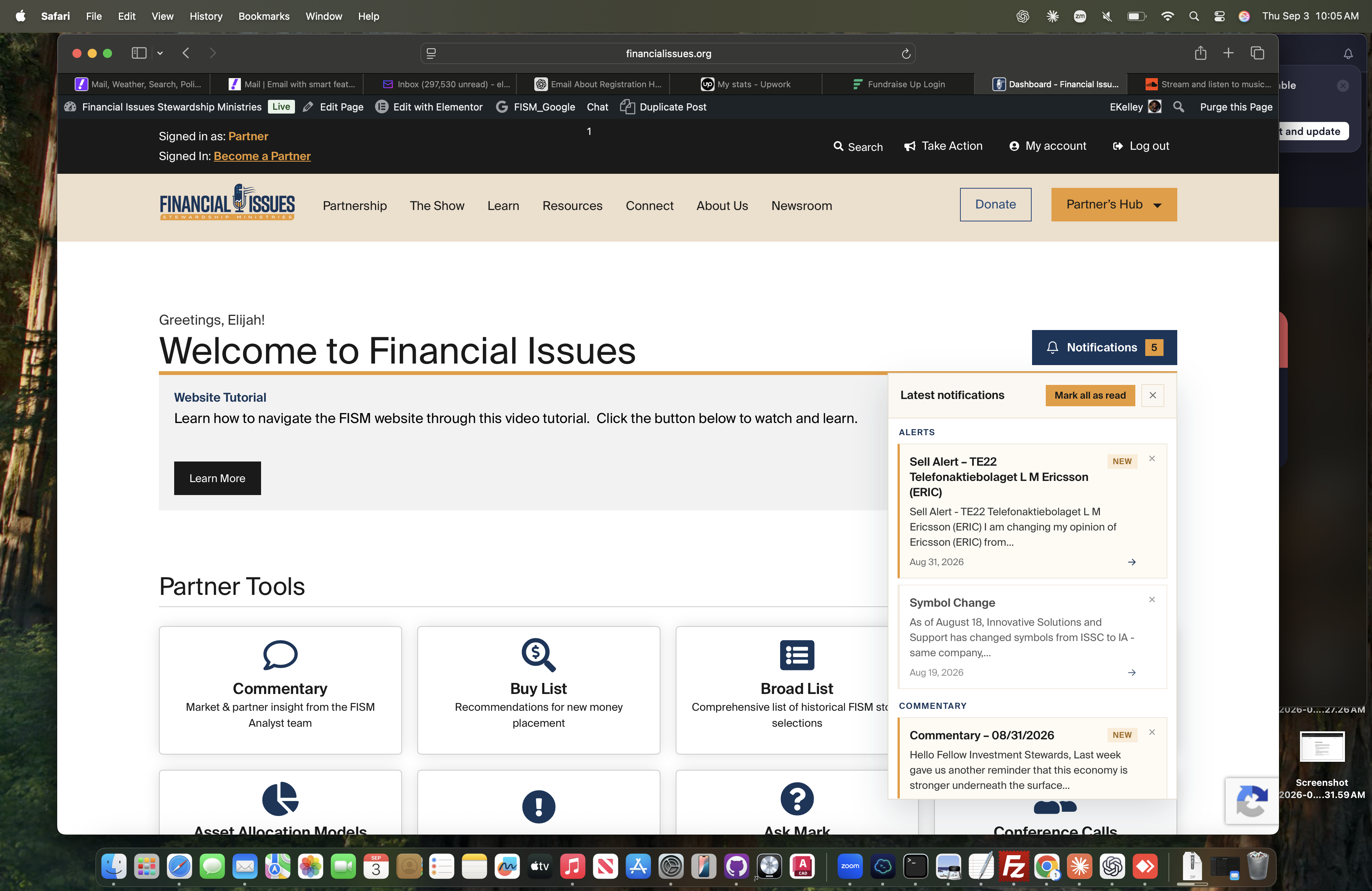 Logged-in partner dashboard with the notification panel open